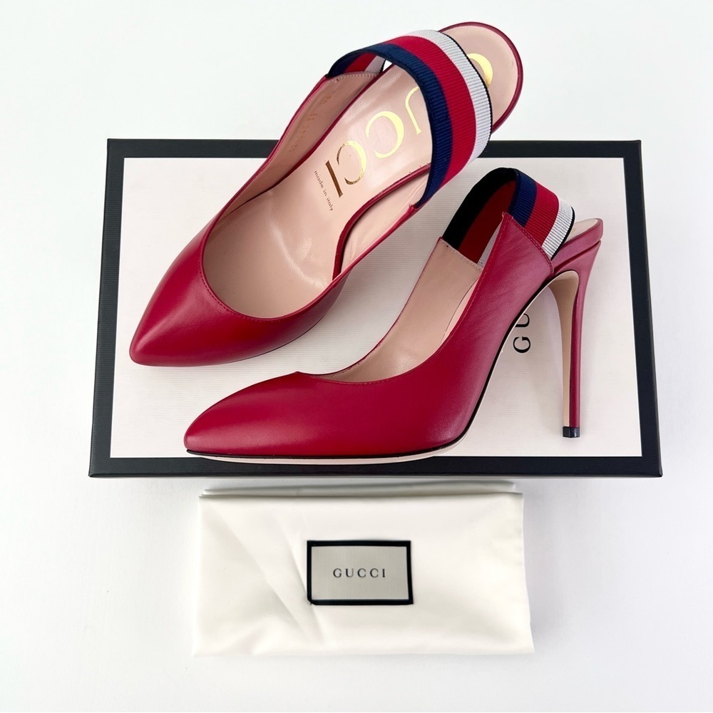 New‎ GUCCI | Sylvie Web Stripe Slingback Red Leather Pointed Pumps EU 39 US 9